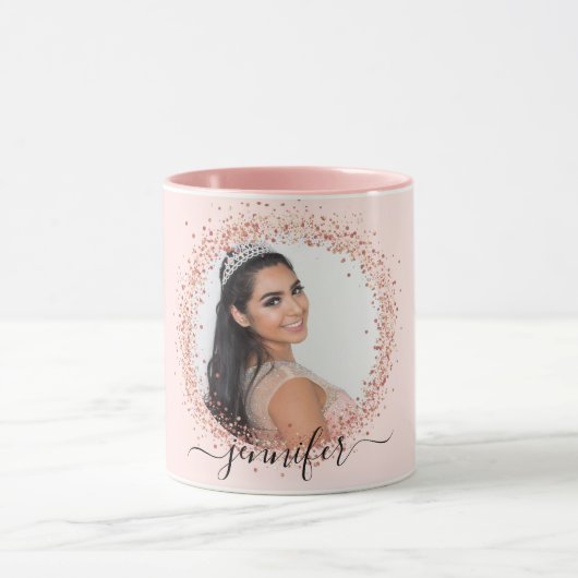 Roos Gold Blush Pink Photo Sparkle Naam Script Mok (Midden)