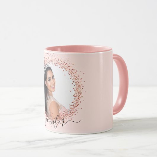 Roos Gold Blush Pink Photo Sparkle Naam Script Mok (Voorkant rechts)