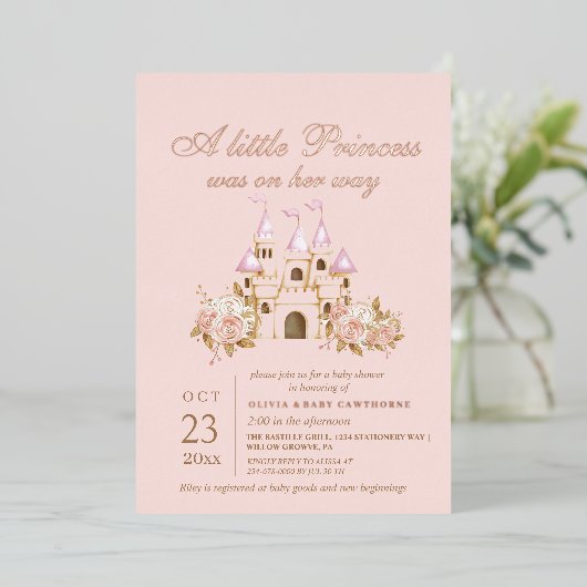 Roos Gold & Blush Pink Princess Baby shower Folie Uitnodiging (Staand Voorkant)