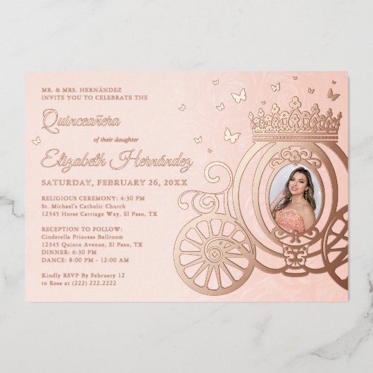 Roos Gold Blush Pink Quinceanera Princess Foto Folie Uitnodiging (Voorkant)