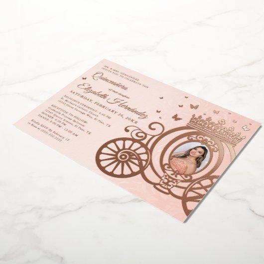 Roos Gold Blush Pink Quinceanera Princess Foto Folie Uitnodiging (Gedraaid)