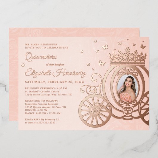 Roos Gold Blush Pink Quinceanera Princess Foto Folie Uitnodiging (Voorkant / Achterkant)