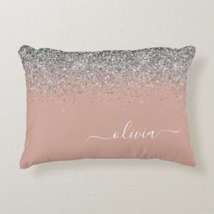Roos Gold Blush Pink Silver Glitter Monogram Accent Kussen