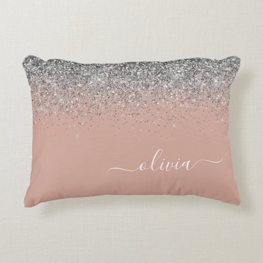 Roos Gold Blush Pink Silver Glitter Monogram Accent Kussen (Voorkant)