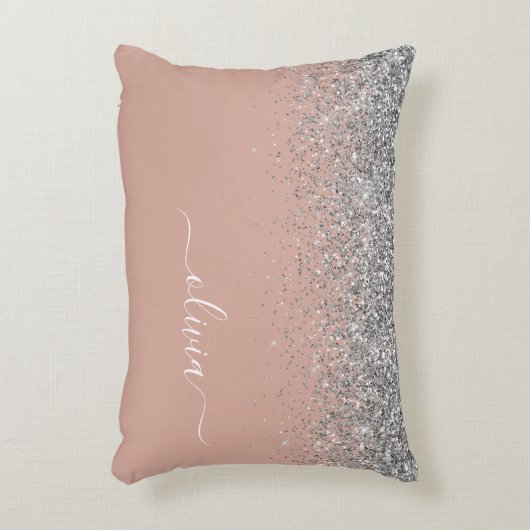 Roos Gold Blush Pink Silver Glitter Monogram Accent Kussen (Voorkant(Verticaal))