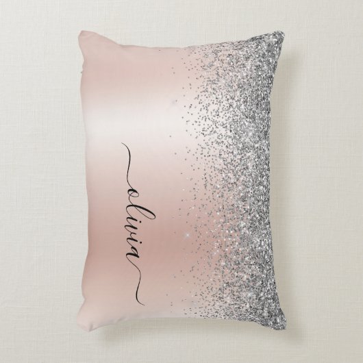 Roos Gold - Blush Pink Silver Glitter Monogram Accent Kussen (Voorkant(Verticaal))