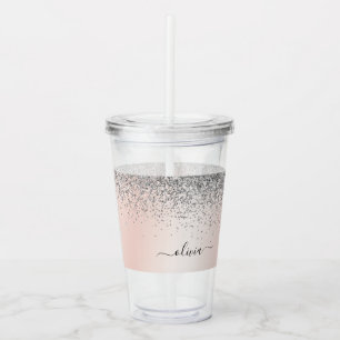 Roos Gold - Blush Pink Silver Glitter Monogram Acryl Drinkbeker