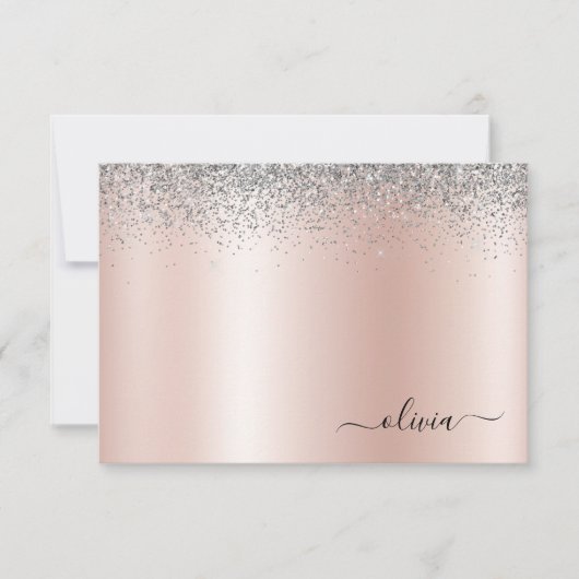 Roos Gold - Blush Pink Silver Glitter Monogram Bedankkaart (Voorkant)