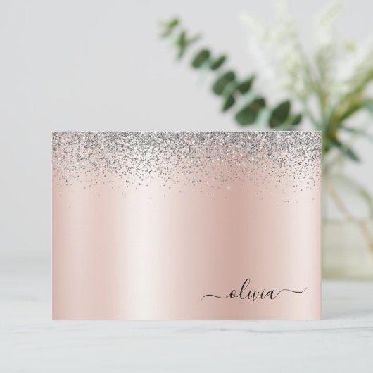 Roos Gold - Blush Pink Silver Glitter Monogram Bedankkaart (Staand voorkant)