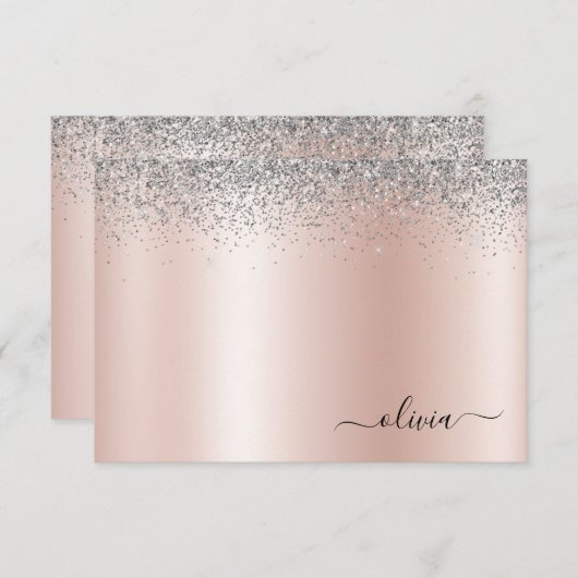Roos Gold - Blush Pink Silver Glitter Monogram Bedankkaart (Voorkant / Achterkant)