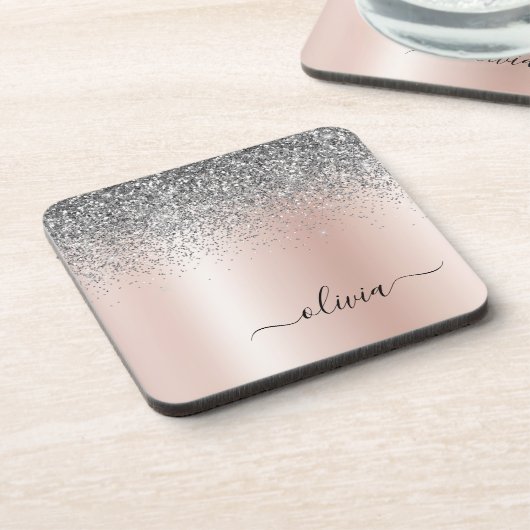 Roos Gold - Blush Pink Silver Glitter Monogram Bier Onderzetter (Linkerzijde)