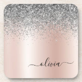 Roos Gold - Blush Pink Silver Glitter Monogram Bier Onderzetter (Voorkant)