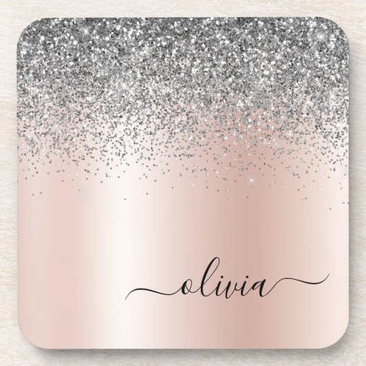 Roos Gold - Blush Pink Silver Glitter Monogram Bier Onderzetter (Voorkant)