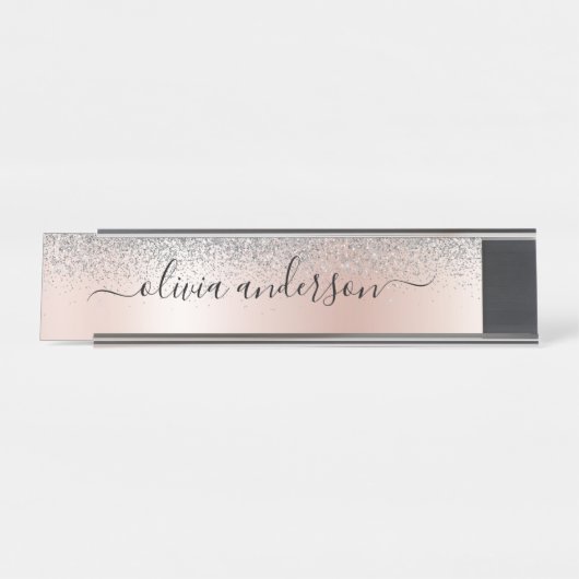 Roos Gold - Blush Pink Silver Glitter Monogram Bureau Naambordje (Voorkant)