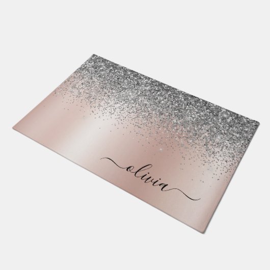 Roos Gold - Blush Pink Silver Glitter Monogram Deurmat (Schuin)