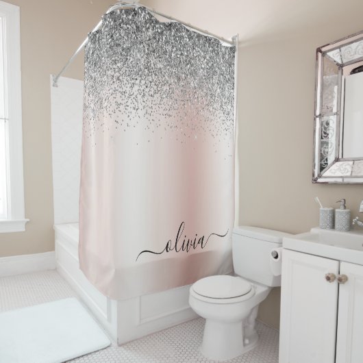 Roos Gold - Blush Pink Silver Glitter Monogram Douchegordijn (In situ)