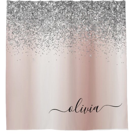 Roos Gold - Blush Pink Silver Glitter Monogram Douchegordijn (Voorkant)