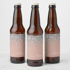 Roos Gold Blush Pink Silver Glitter Monogram Girly Bier Etiket