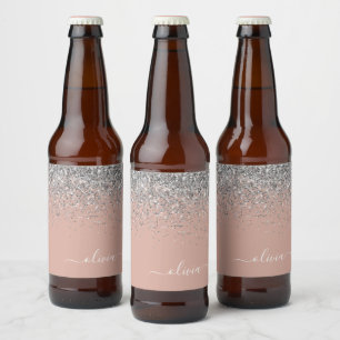 Roos Gold Blush Pink Silver Glitter Monogram Girly Bier Etiket