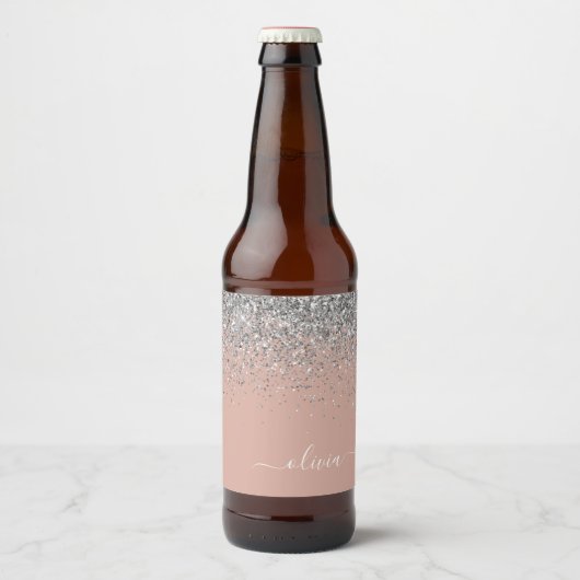 Roos Gold Blush Pink Silver Glitter Monogram Girly Bier Etiket (Voorkant)