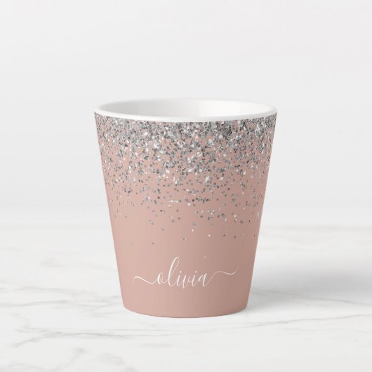 Roos Gold Blush Pink Silver Glitter Monogram Girly Latte Mok (Voorkant)