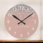 Roos Gold Blush Pink Silver Glitter Monogram Girly Ronde Klok<br><div class="desc">Rose Gold Blush Pink and Silver Sparkle Glitter Brushed Script Monogram Name Clock. This makes the perfect sweet 16 birthday,  wedding,  bridal shower,  verjaarary,  baby shower or bachelorette party gift for someone that loves glam luxury and chic styles.</div>