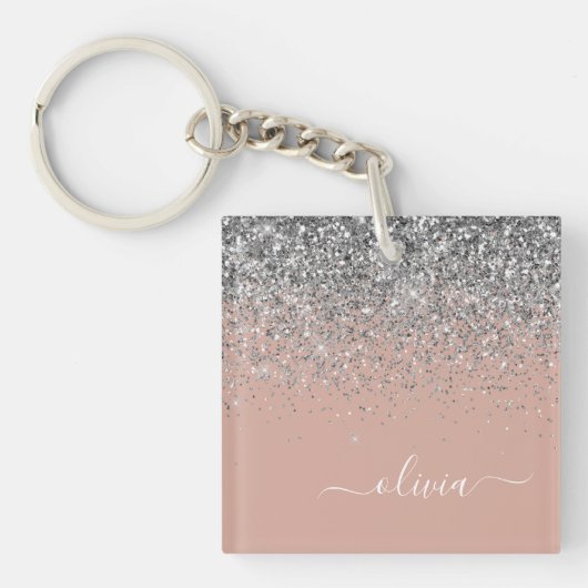 Roos Gold Blush Pink Silver Glitter Monogram Girly Sleutelhanger (voorkant)