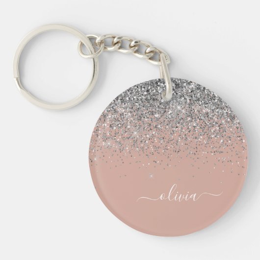 Roos Gold Blush Pink Silver Glitter Monogram Girly Sleutelhanger (Voorkant)
