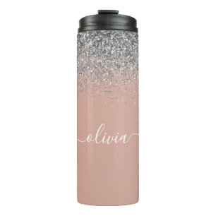 Roos Gold Blush Pink Silver Glitter Monogram Girly Thermosbeker