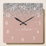 Roos Gold Blush Pink Silver Glitter Monogram Girly Vierkante Klok<br><div class="desc">Roos Gold - Blush roze en Silver Sparkle Glitter Script Monogram Name Clock. Dit maakt de perfecte liefhebbende 16 verjaardag,  bruiloft,  vrijgezellenfeest,  verjaardagsdag,  baby shower of vrijgezellenfeest voor iemand die van luxe glam en stijl houdt.</div>