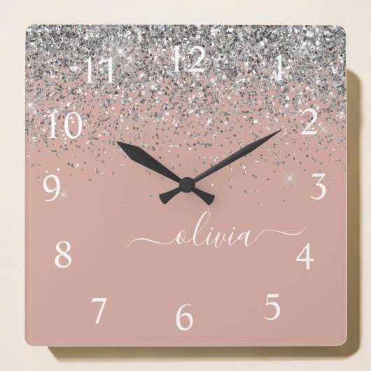 Roos Gold Blush Pink Silver Glitter Monogram Girly Vierkante Klok