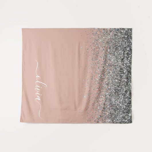 Roos Gold Blush Pink Silver Glitter Monogram Girly Wandkleed (Voorkant (horizontaal))