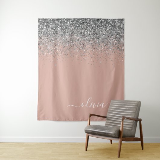 Roos Gold Blush Pink Silver Glitter Monogram Girly Wandkleed (In situ)