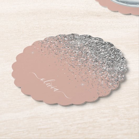 Roos Gold Blush Pink Silver Glitter Monogram Kartonnen Onderzetters (Gekanteld)