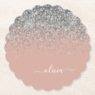 Roos Gold Blush Pink Silver Glitter Monogram Kartonnen Onderzetters