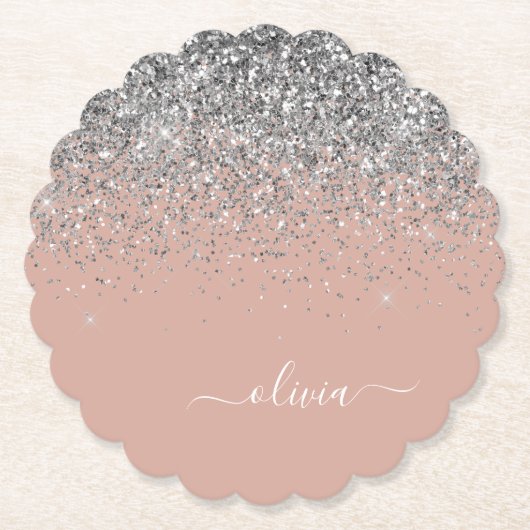 Roos Gold Blush Pink Silver Glitter Monogram Kartonnen Onderzetters (Voorkant)