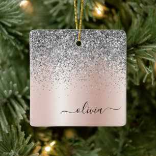 Roos Gold - Blush Pink Silver Glitter Monogram Keramisch Ornament