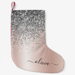 Roos Gold - Blush Pink Silver Glitter Monogram Kleine Kerstsok