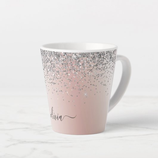 Roos Gold - Blush Pink Silver Glitter Monogram Latte Mok (Rechterhoek)