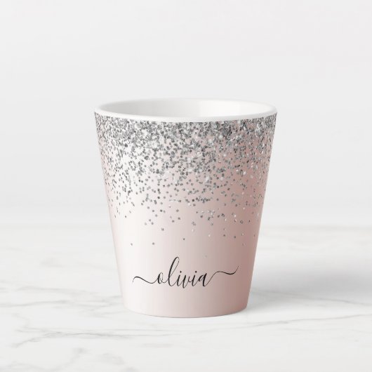 Roos Gold - Blush Pink Silver Glitter Monogram Latte Mok (Voorkant)