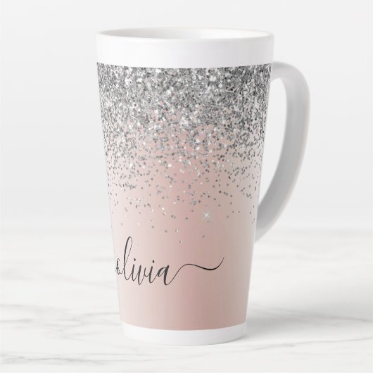 Roos Gold - Blush Pink Silver Glitter Monogram Latte Mok (Rechterhoek)