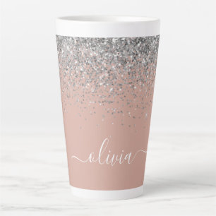 Roos Gold Blush Pink Silver Glitter Monogram Latte Mok