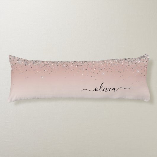 Roos Gold - Blush Pink Silver Glitter Monogram Lichaamskussen (Voorkant)