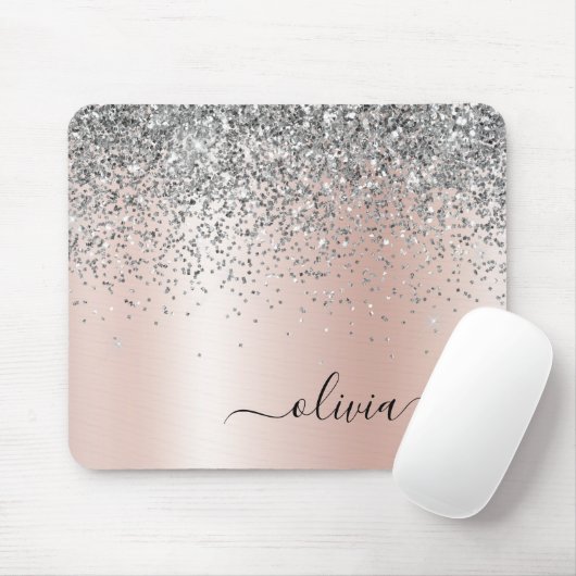 Roos Gold - Blush Pink Silver Glitter Monogram Muismat (Met muis)