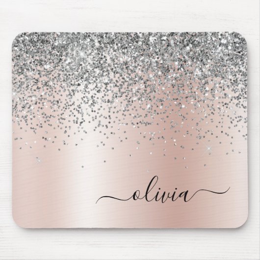 Roos Gold - Blush Pink Silver Glitter Monogram Muismat (Voorkant)