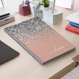Roos Gold Blush Pink Silver Glitter Monogram Notitieboek