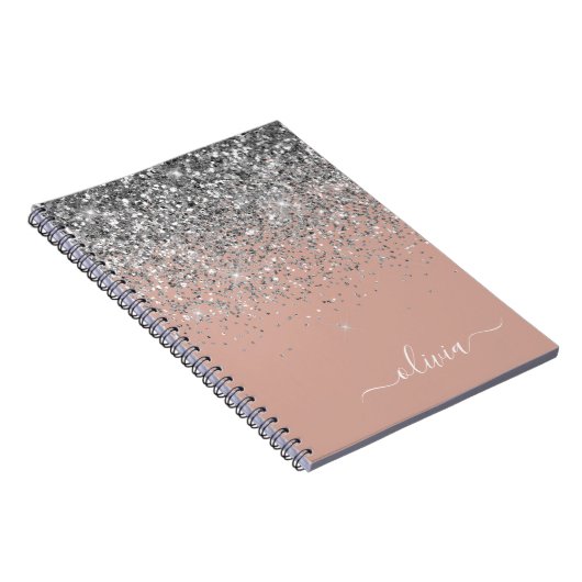 Roos Gold Blush Pink Silver Glitter Monogram Notitieboek (Rechterzijde)