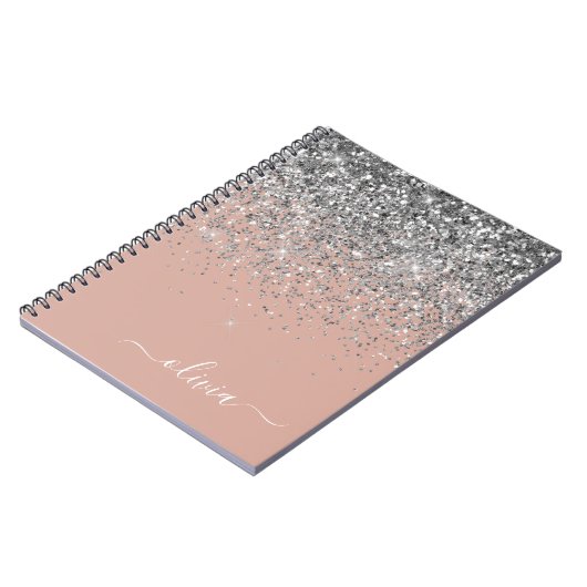 Roos Gold Blush Pink Silver Glitter Monogram Notitieboek (Linkerzijde)
