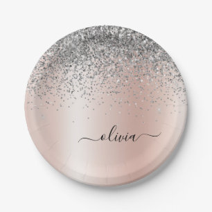 Roos Gold - Blush Pink Silver Glitter Monogram Papieren Bordje