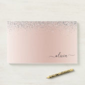 Roos Gold - Blush Pink Silver Glitter Monogram Post-it® Notes (Op bureau)